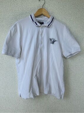 True Religion Buddha Guitar Polo Shirt Medium White Navy Graphic — Stain As-Is